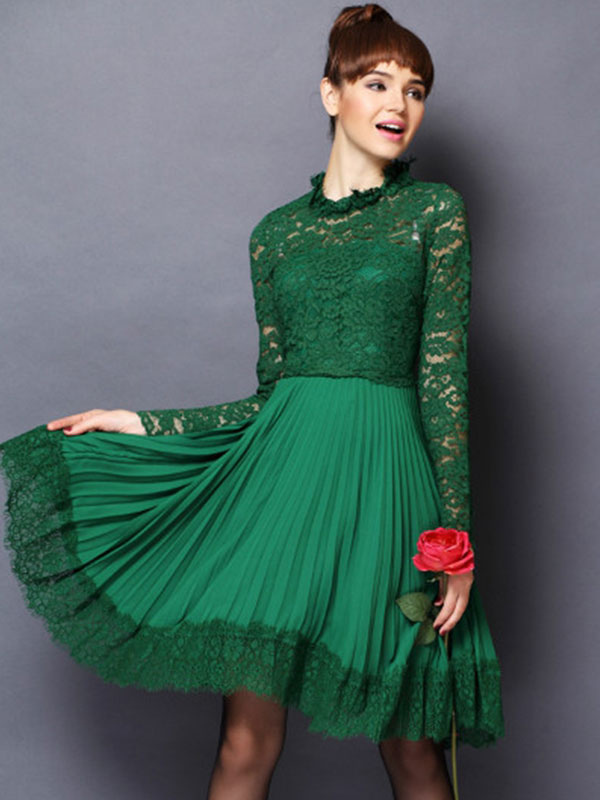 Long Sleeve Pleated Lace Vintage Dress 2421