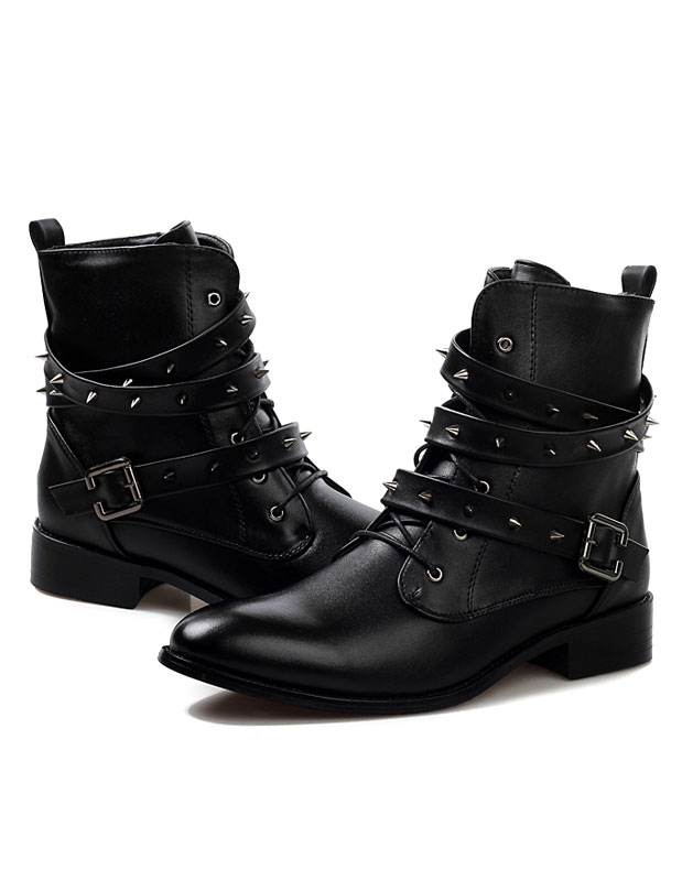 Black Studded Cowhide Boots with Medium-cut - Milanoo.com