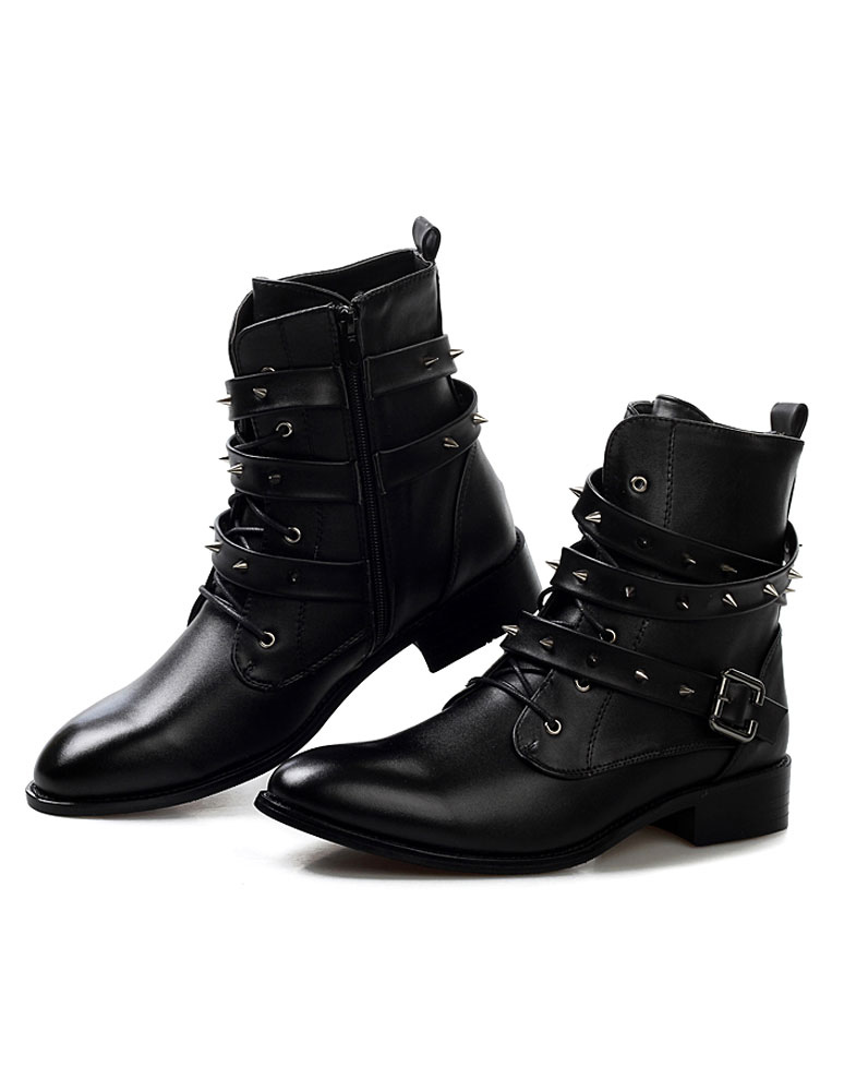 Black Studded Cowhide Boots with Medium-cut - Milanoo.com
