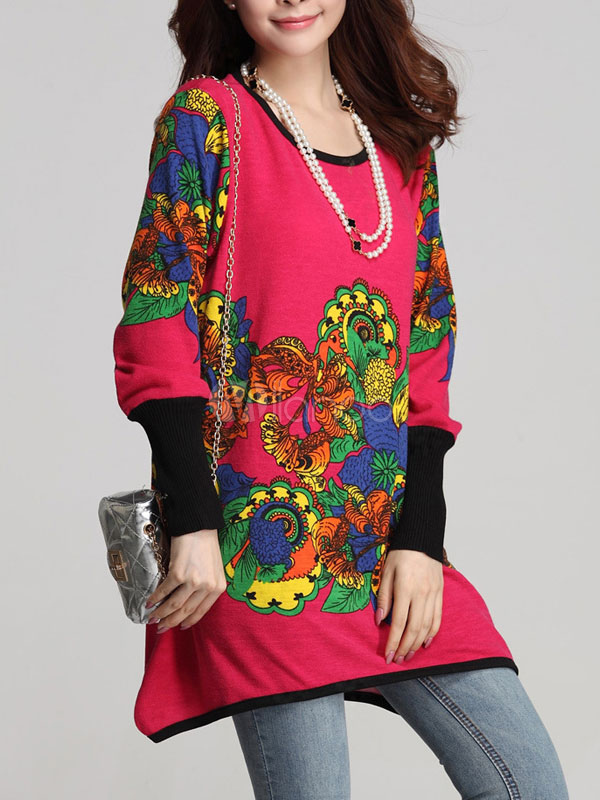 Floral Print Long Sleeve Vintage Knitted Tshirt