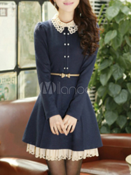 Long Sleeve Pleated Knitted Skater Dress - Milanoo.com