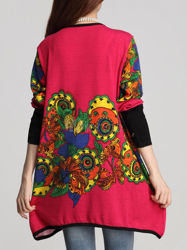 Floral Print Long Sleeve Vintage Knitted Tshirt