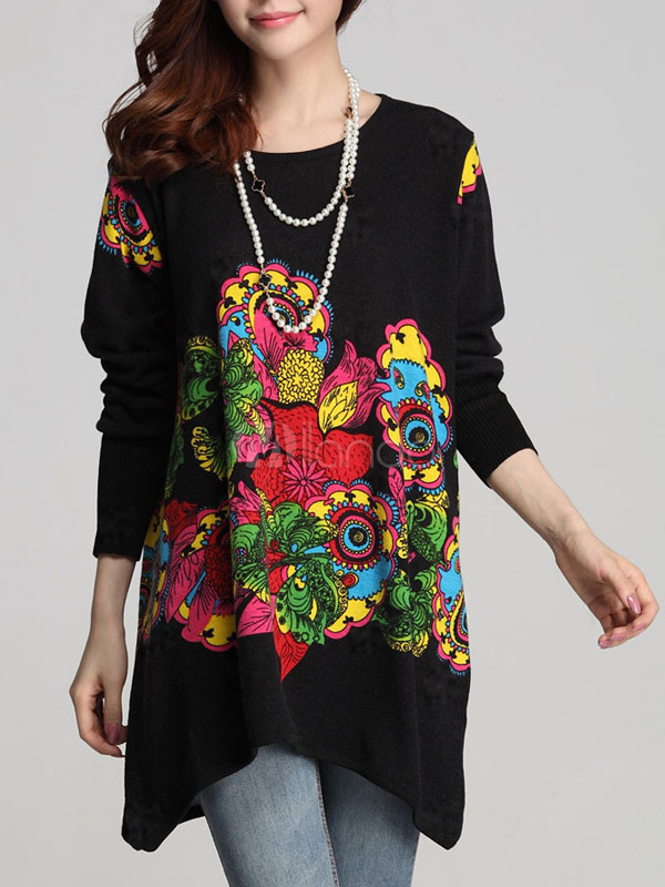 Floral Print Long Sleeve Vintage Knitted Tshirt