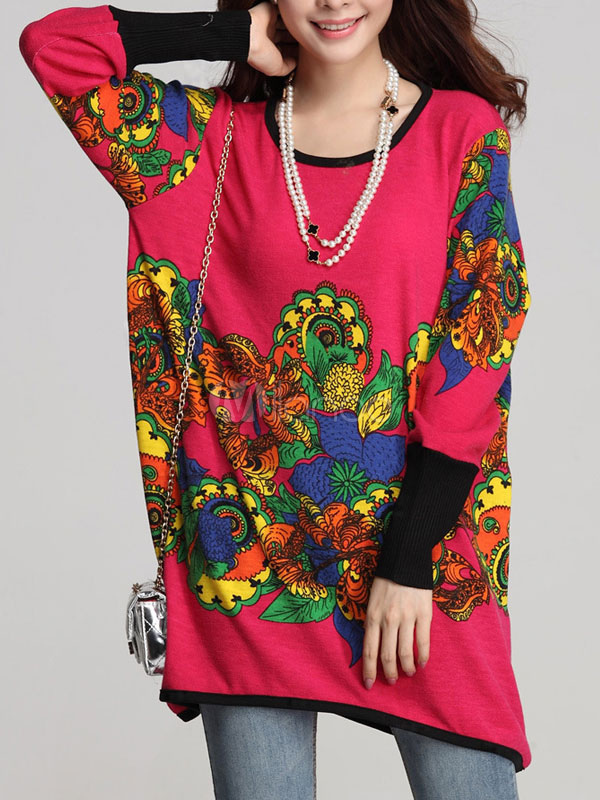 Floral Print Long Sleeve Vintage Knitted Tshirt