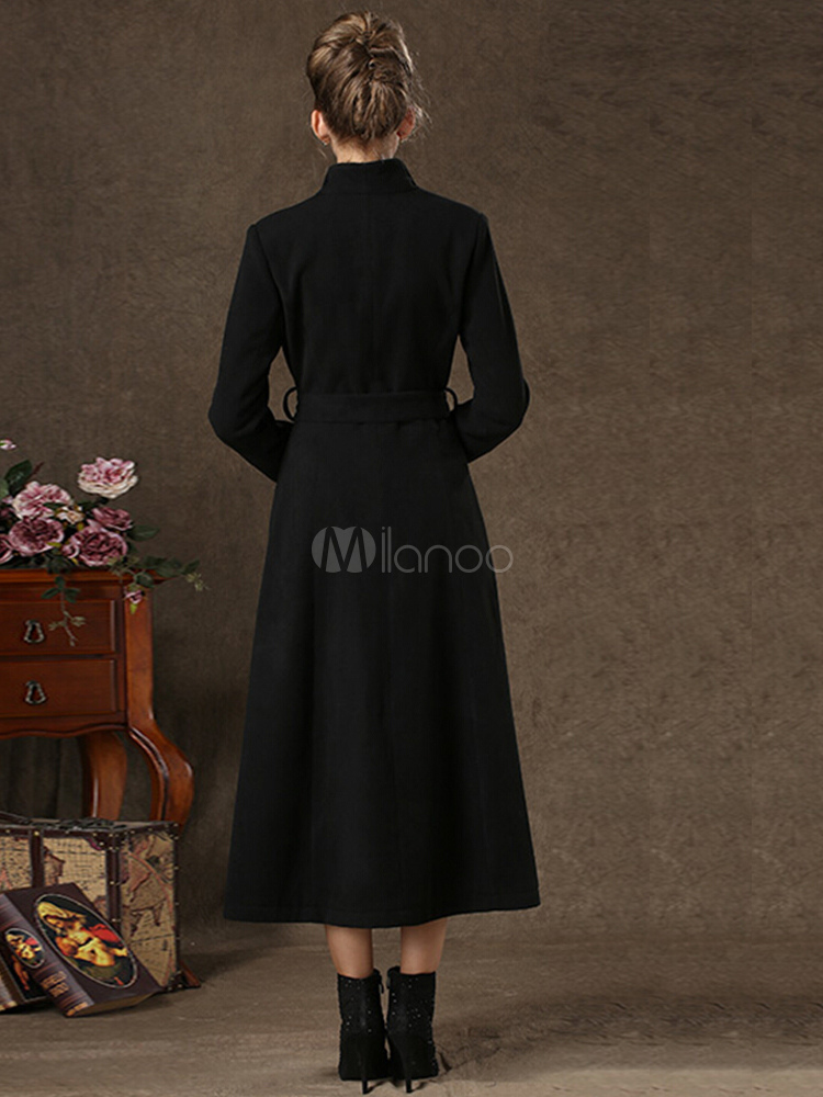 Black Tie-front Long Wool Coat - Milanoo.com