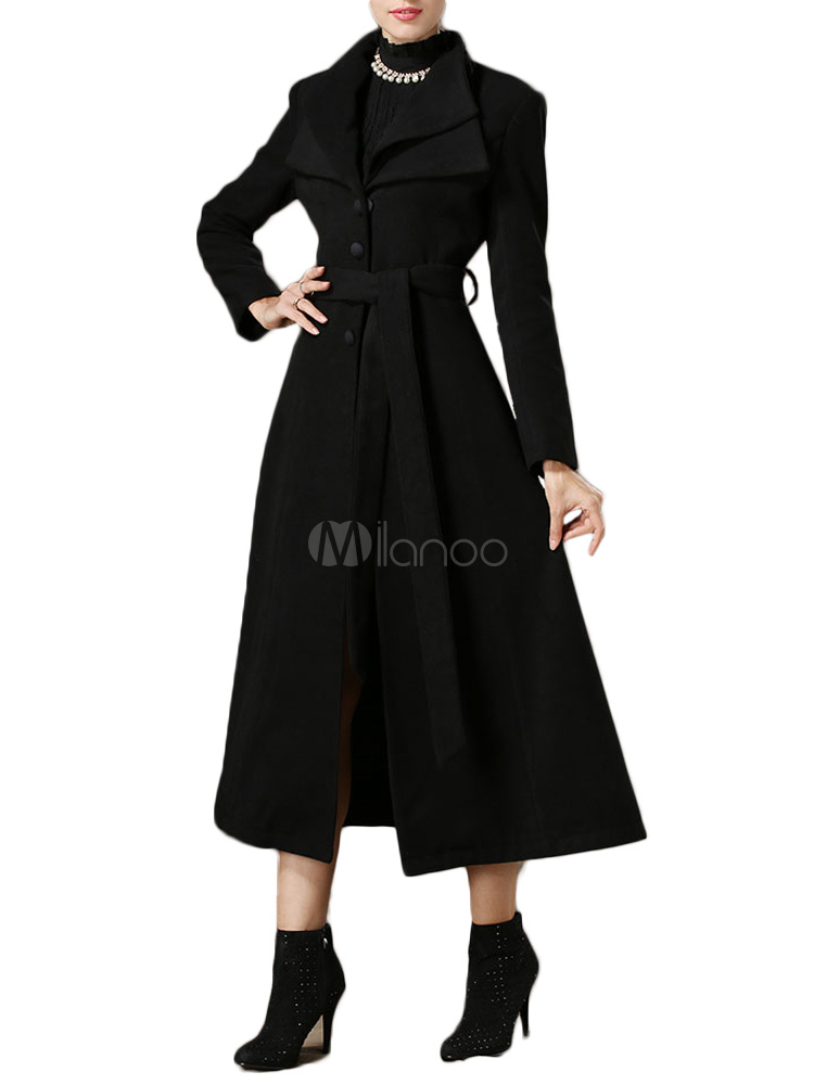 Black Tie-front Long Wool Coat - Milanoo.com