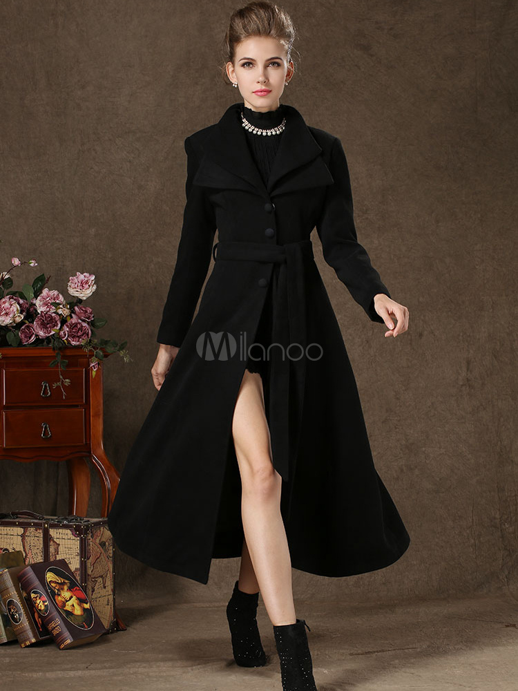 Black Tie-front Long Wool Coat - Milanoo.com