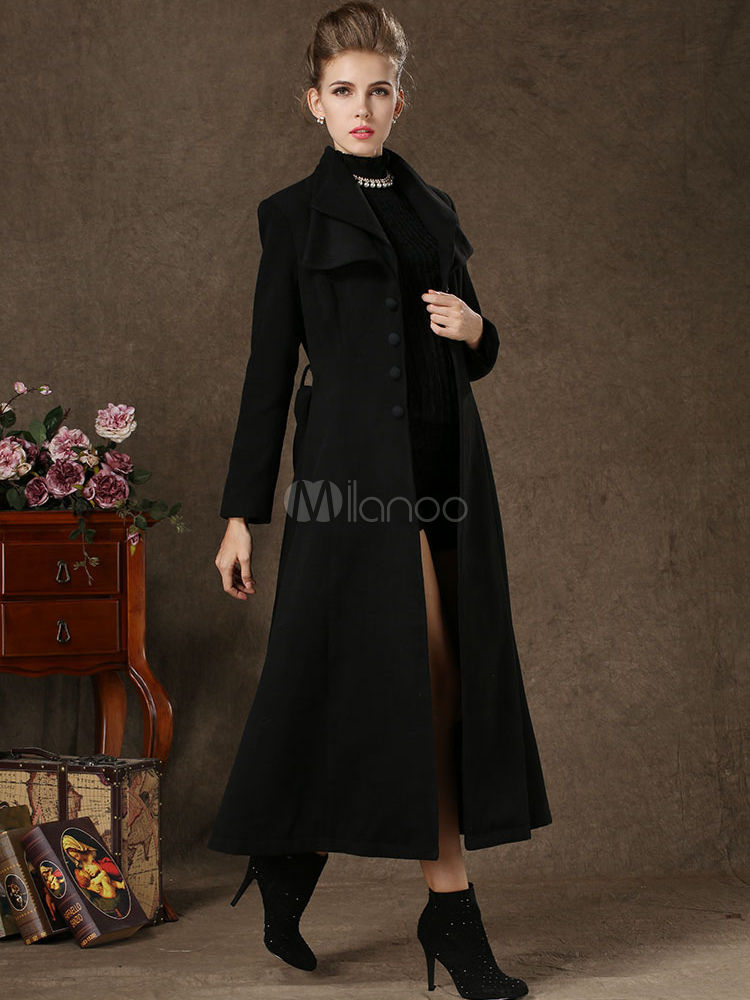 Black Tie-front Long Wool Coat - Milanoo.com