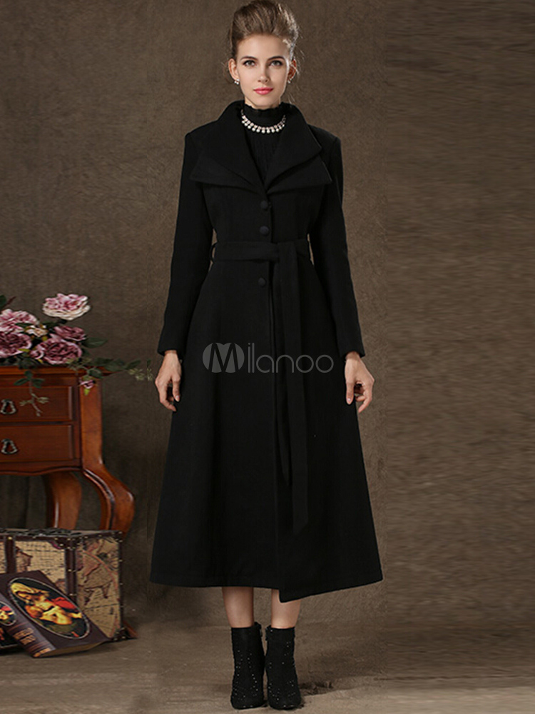 Black Tie-front Long Wool Coat - Milanoo.com