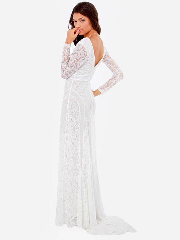 Blanche Robe Dentelle En Col Unicolore V Maxi De kPXiOZu