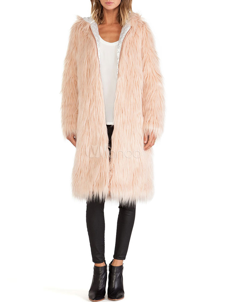 Pink Hooded Faux Fur Coat