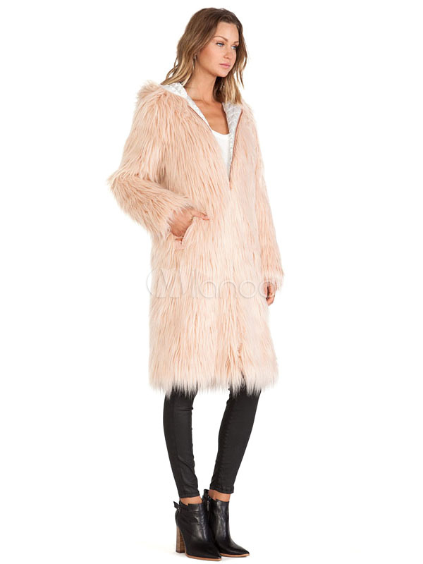 Pink Hooded Faux Fur Coat