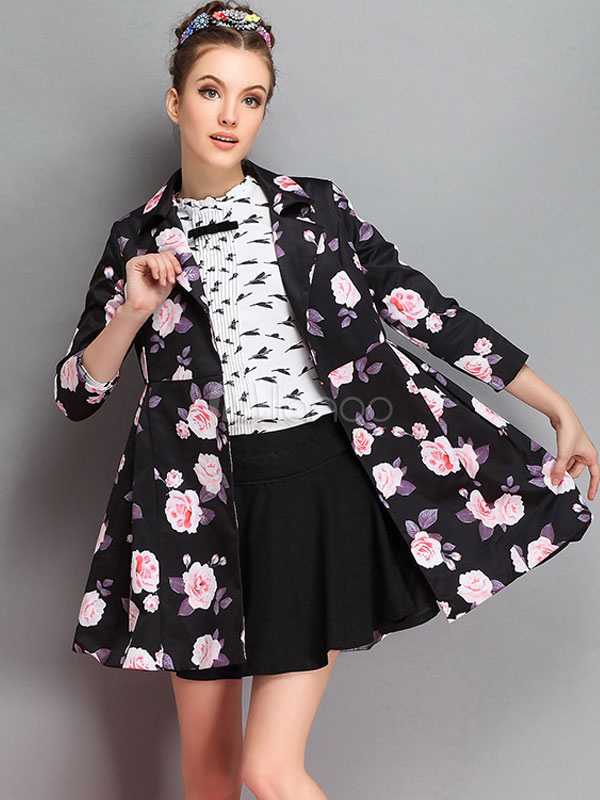 Long Sleeve Floral Print Flared Trench Coat