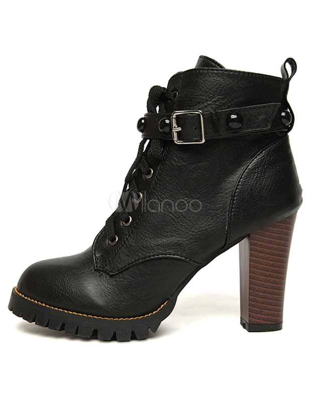 bottine 224 talon 233 pais en pu noir avec boucle et lacet bottine 224 talon 233 pais en pu noir avec boucle et lacet
