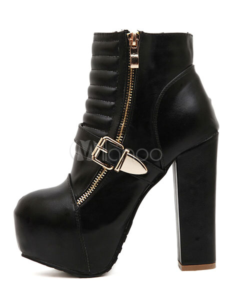 Chunky Heel Buckled Platform Booties - Milanoo.com