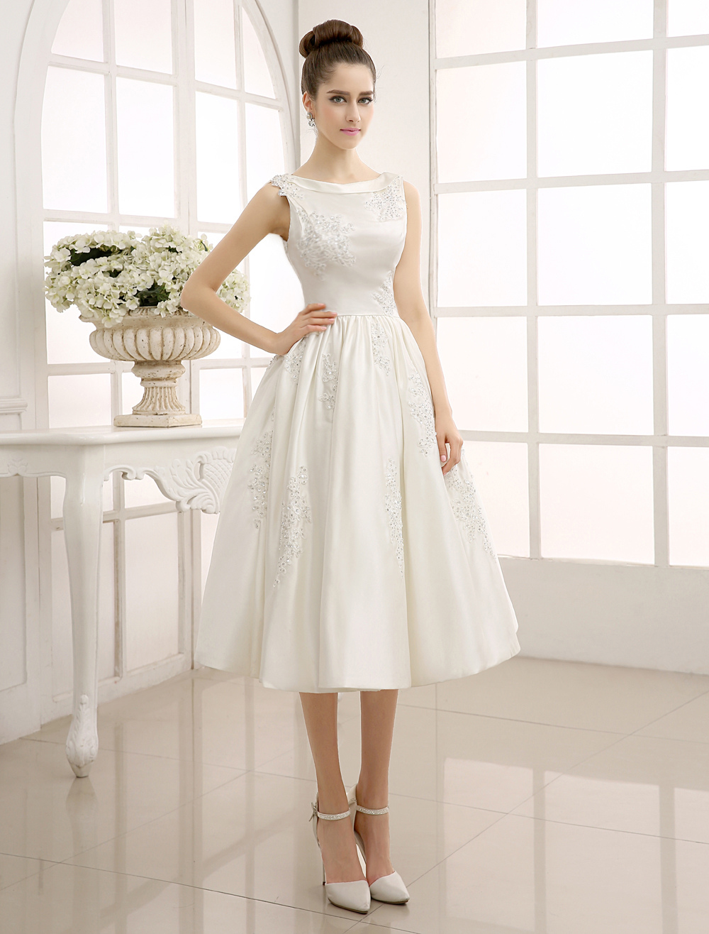 Simple Wedding Dresses A-Line Tea-Length Beaded Lace Bridal Dress With ...