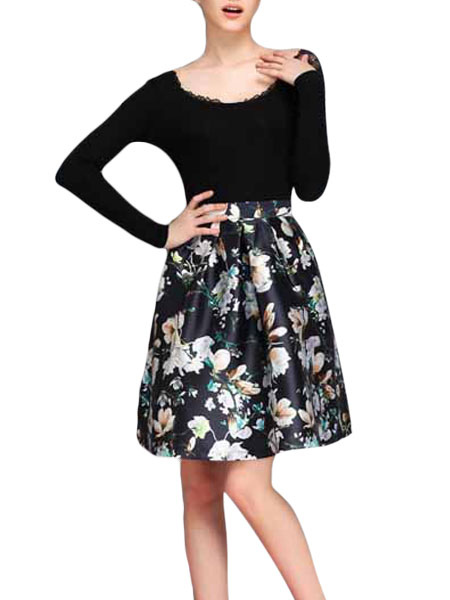 Black Floral Print Skirt - Milanoo.com