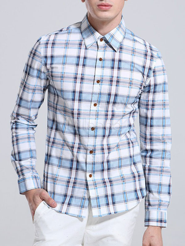 Spread Neck Check Cotton Shirt