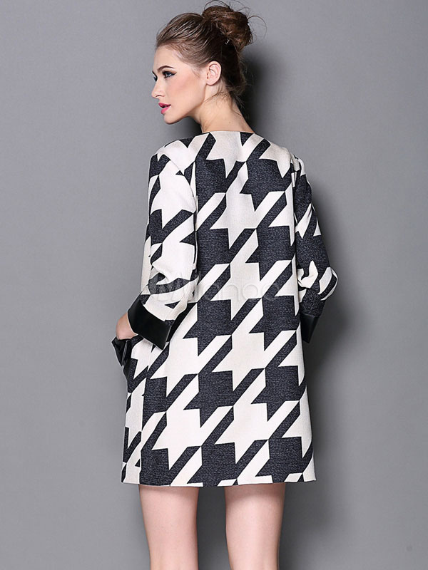 Houndstooth Print Cotton Blend Pockets Coat