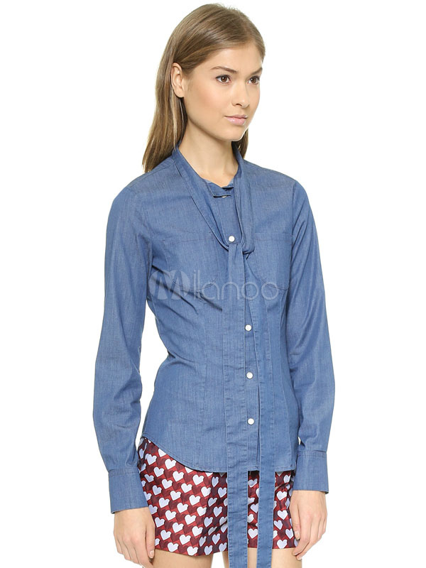 Blue Bow Tie Denim Shirt - Milanoo.com