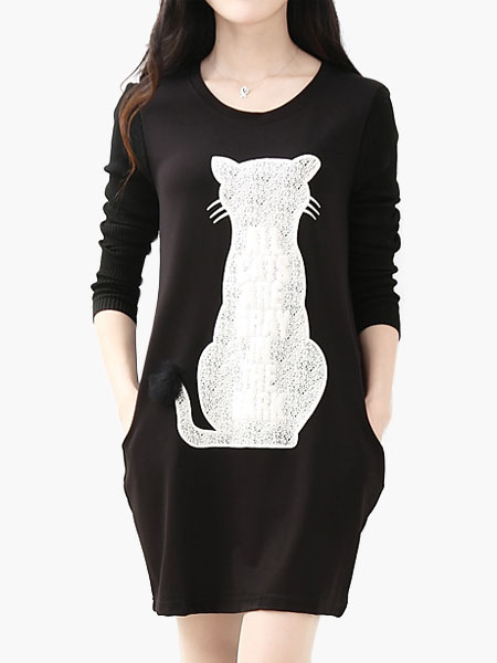 Cat Print Long Color Block T-shirt - Milanoo.com
