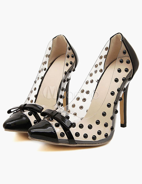 Fashion Pointed Toe Studded High Heel Pumps with Bow - Milanoo.com