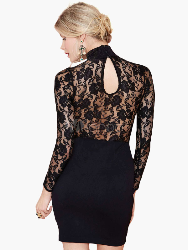 High Collar Lace Insert Black Dress