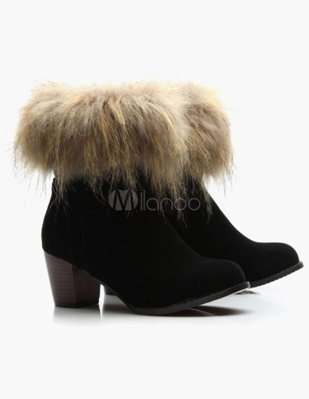 Chunky Faux Fur Suede Leather Booties - Milanoo.com