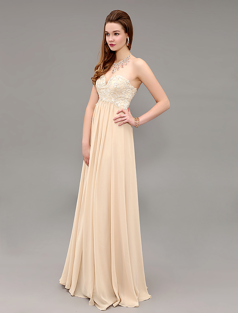 Champagne Chiffon Floor Length Evening Dress With Applique Bodice ...