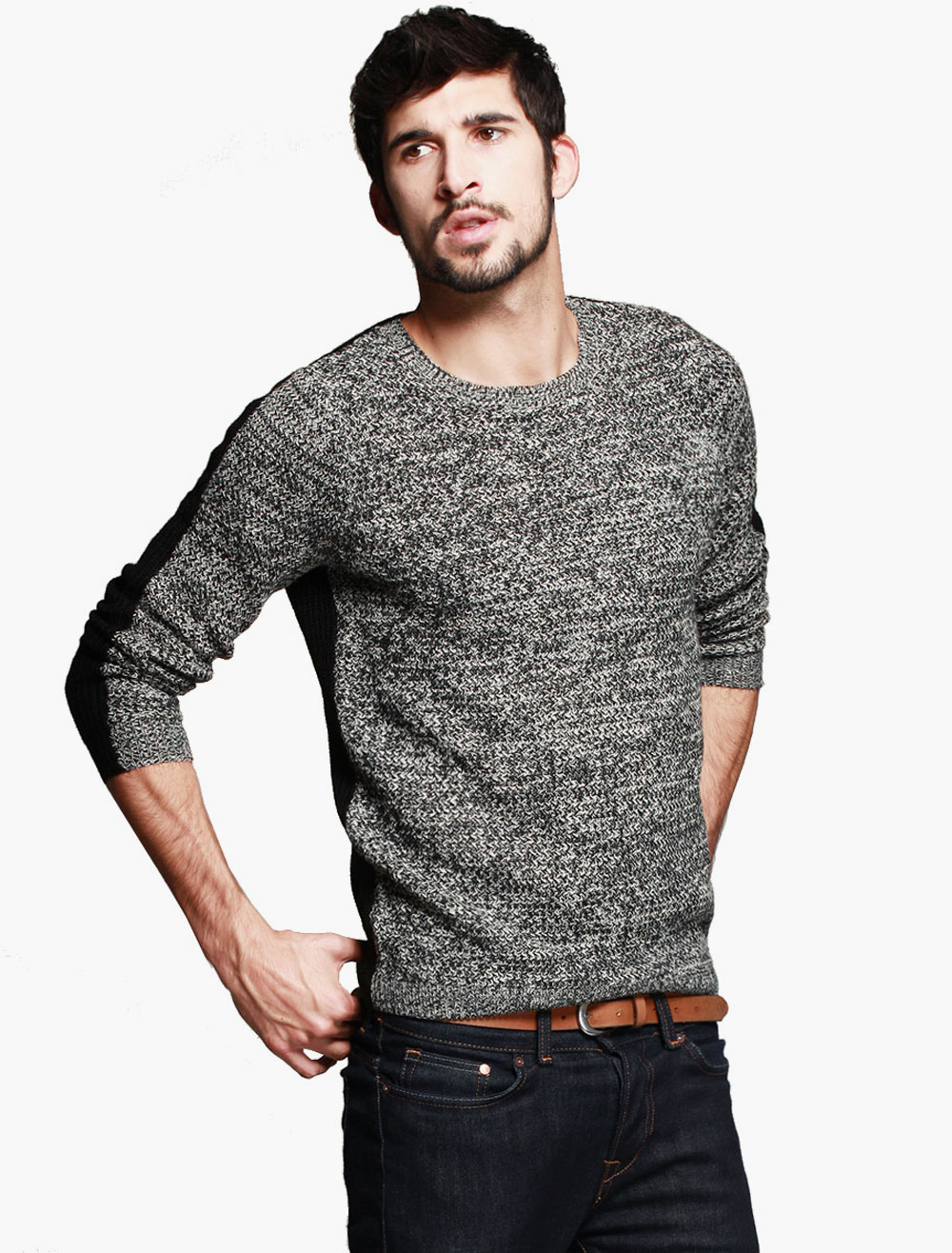 Slim Fit Sweater in Melange with Color Block - Milanoo.com
