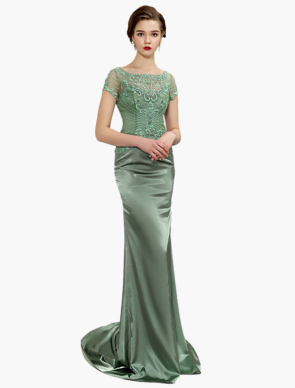 Sage Green Mother Of Bride Dress Mermaid Beading Embroidered Illusion Back Wedding Party Dress