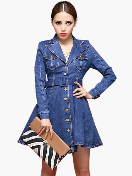 Notch Collar Buttoned & Belted Flared Denim Dress - Milanoo.com