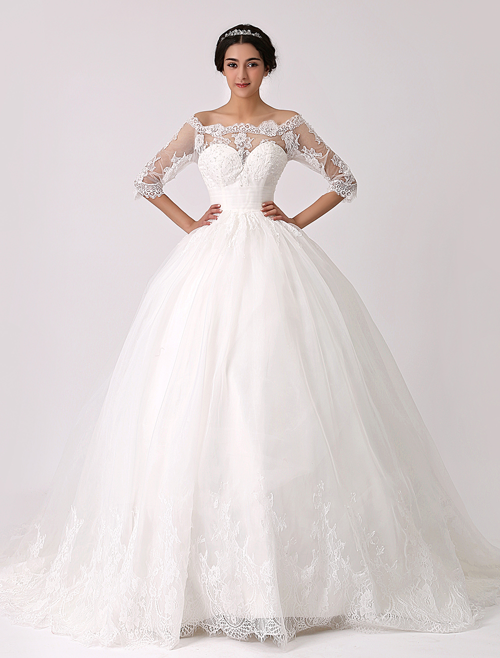 Off The Shoulder Princess Lace Wedding Dress With Illusion Neckline Milanoo 