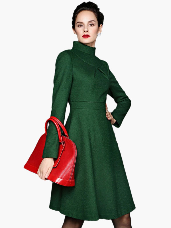 Stand Collar Long Sleeve Wool Blend Vintage Dress - Milanoo.com