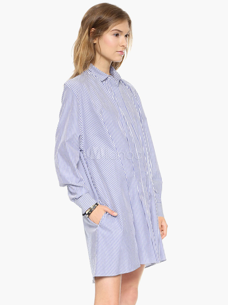 Striped Long Sleeve longline Shirt Dress - Milanoo.com