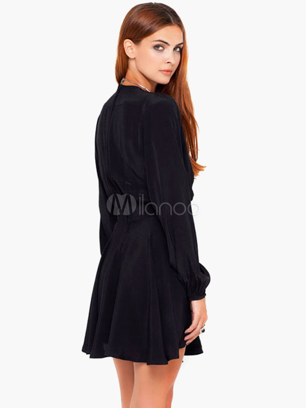 Black V-Neck Long Sleeve Tunic Dress - Milanoo.com