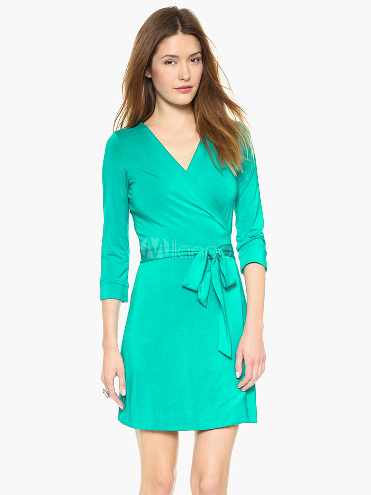 Green V-Neck Wrap Dress - Milanoo.com