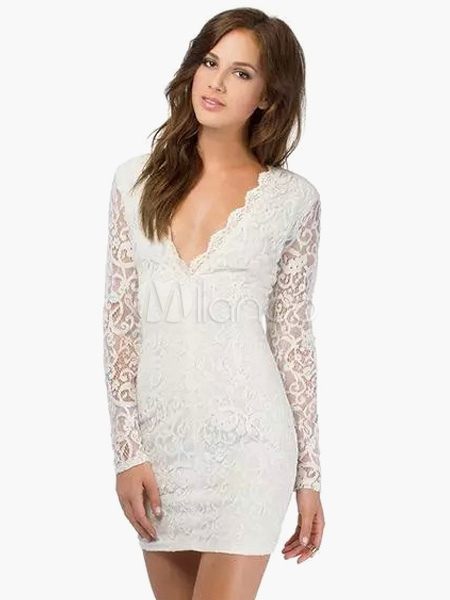 V-neck Long Sleeve Shaping Lace Dress - Milanoo.com