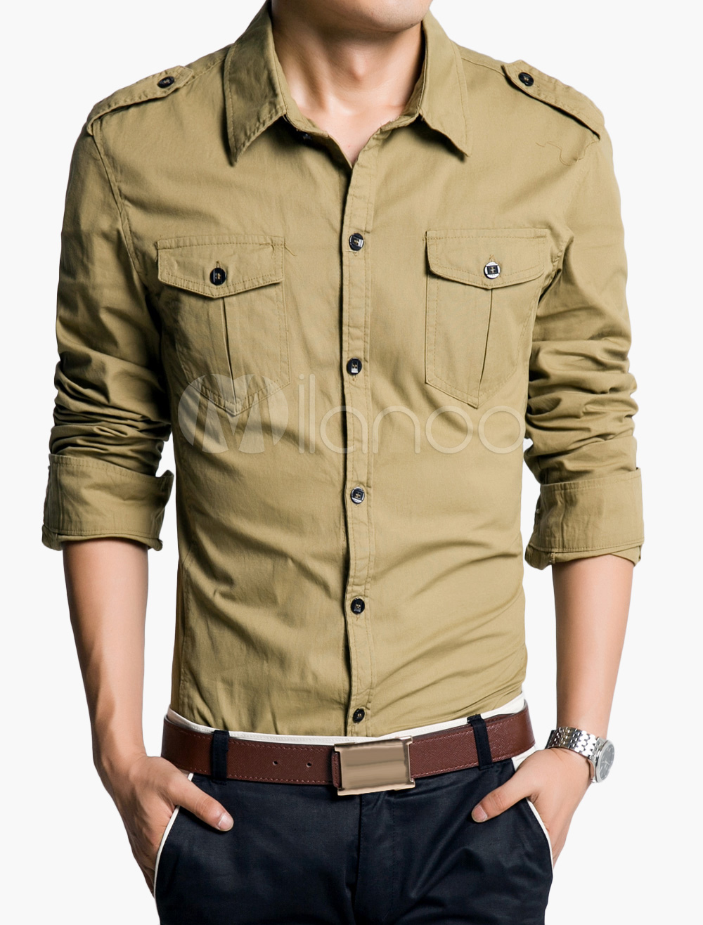 Button-up Long Sleeve Shirt with Pockets - Milanoo.com