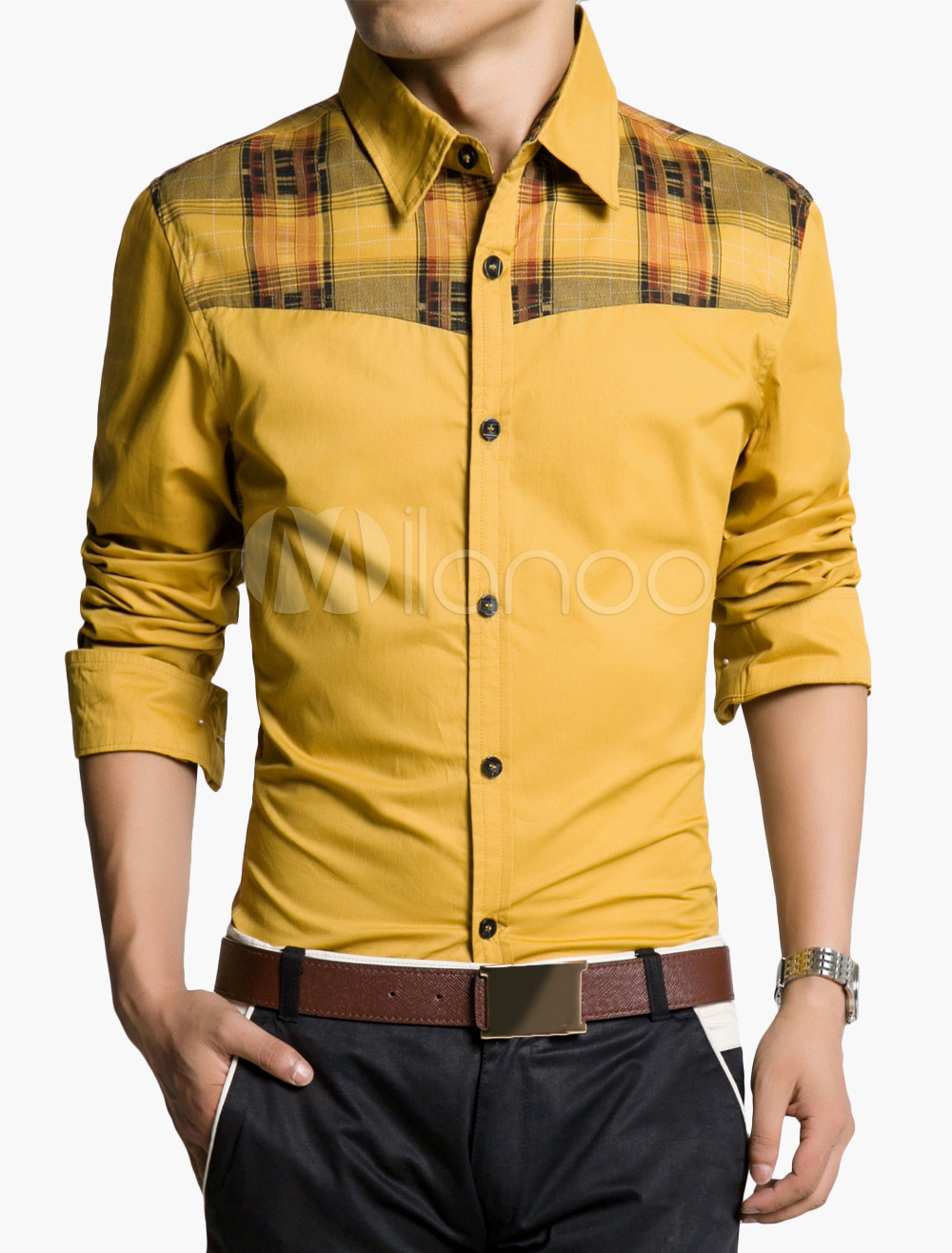 Plaid Panel Shirt with Long Sleeves in Slim Fit - Milanoo.com