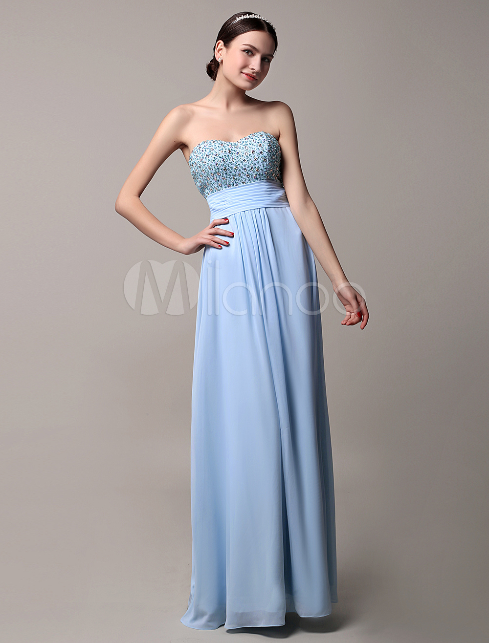 Long Blue Strapless Beading Pleated Prom Dress With Open Back - Milanoo.com