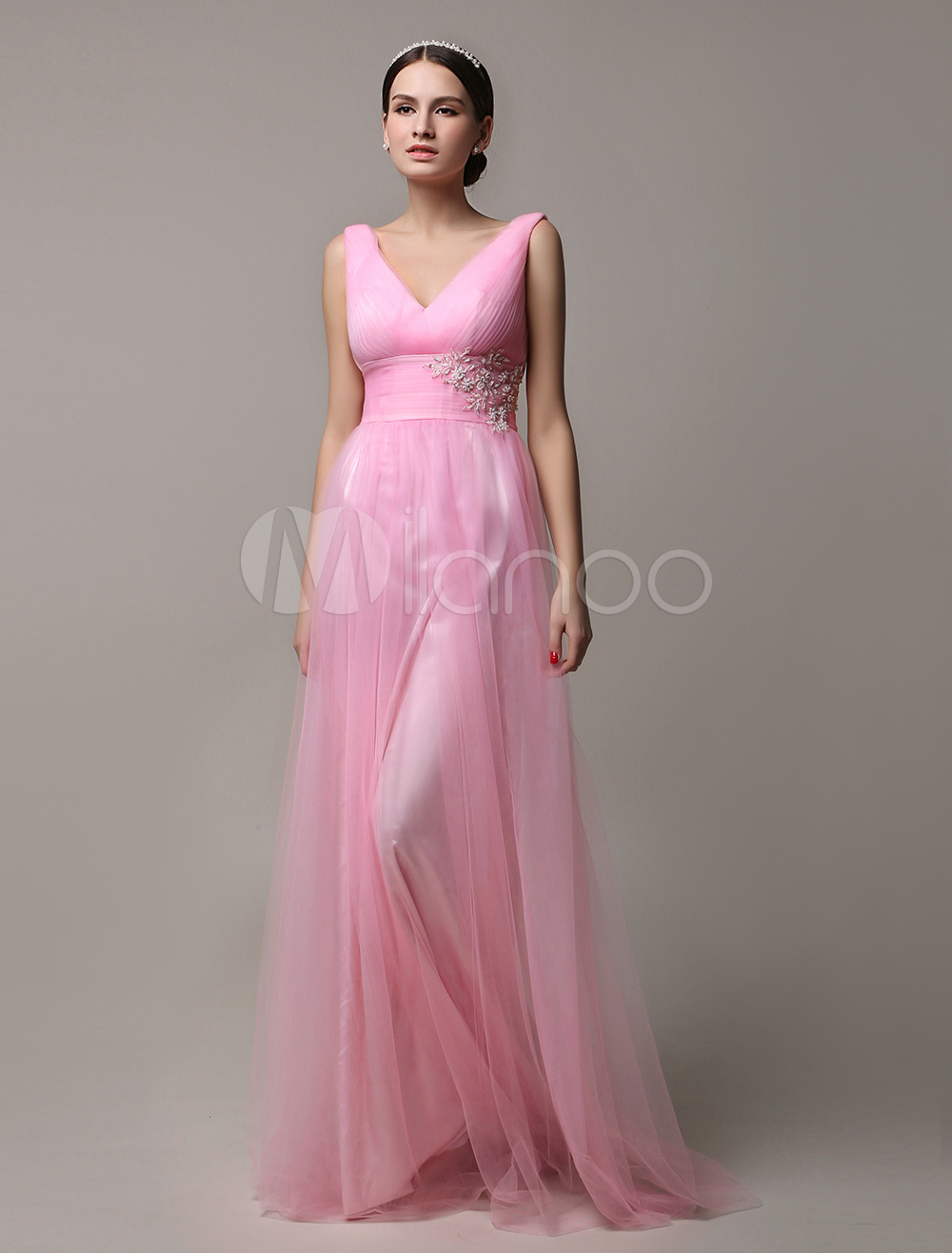 Long Pink V Neck Tulle Pleated Open Back Bridesmaid Dress With Beading Waist 