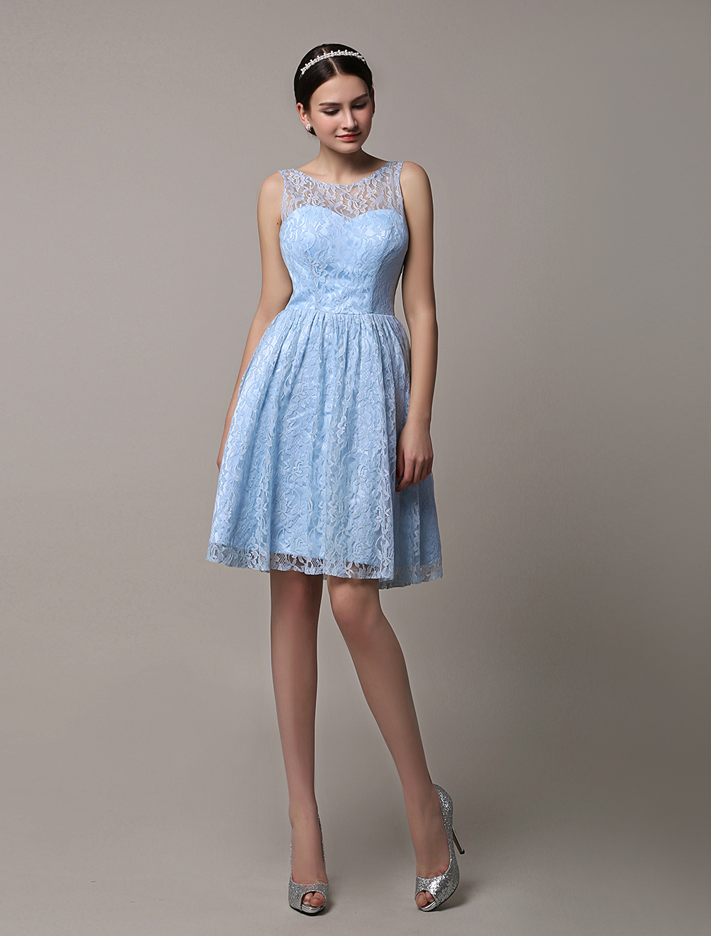 Short Blue Lace Illusion Bridesmaid Dress With Scoop Back Wedding Guest Dress 8212