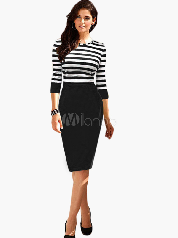 Vintage Long Sleeve Pencil Dress In Stripe - Milanoo.com