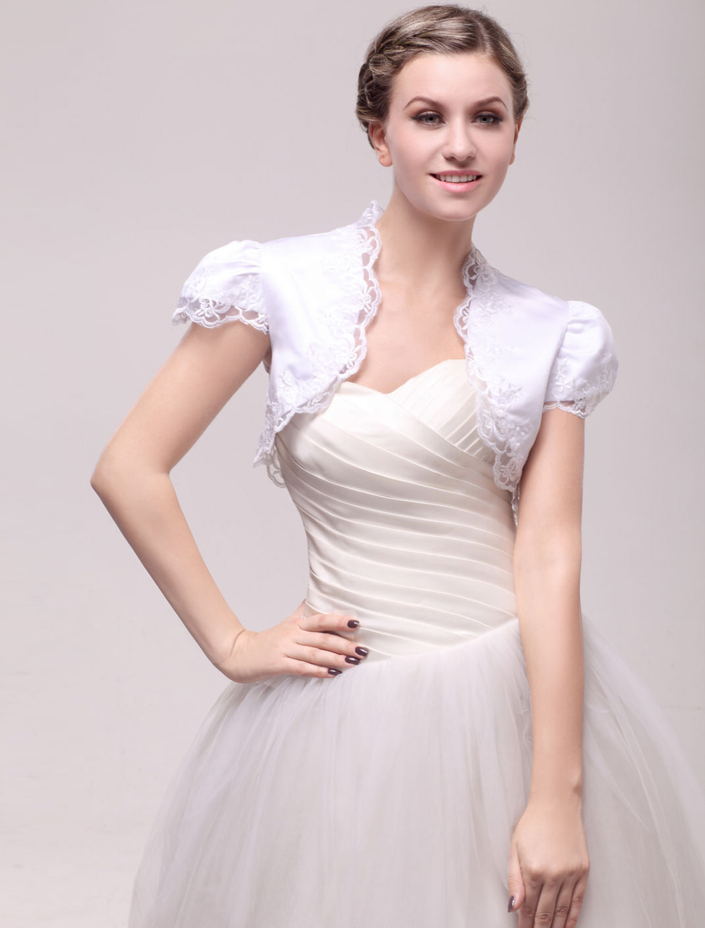 Puff Sleeve Bridal Shrug with Lace Trim - Milanoo.com