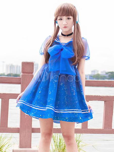 Lolitashow ロリータ服 ワンピース ロイヤルブルー ロゴプリント ドレス シフォン スィート 刺繍入り カジュアル Lolitashow Com Jp