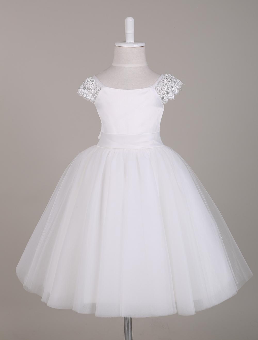 Vestido de niña de las flores blancas con mangas de encaje vestido de tutú  Bateau longitud de la rodilla corto Vestidos de fiesta para niñas -  Lolitashow.com, image size:1000x1316
