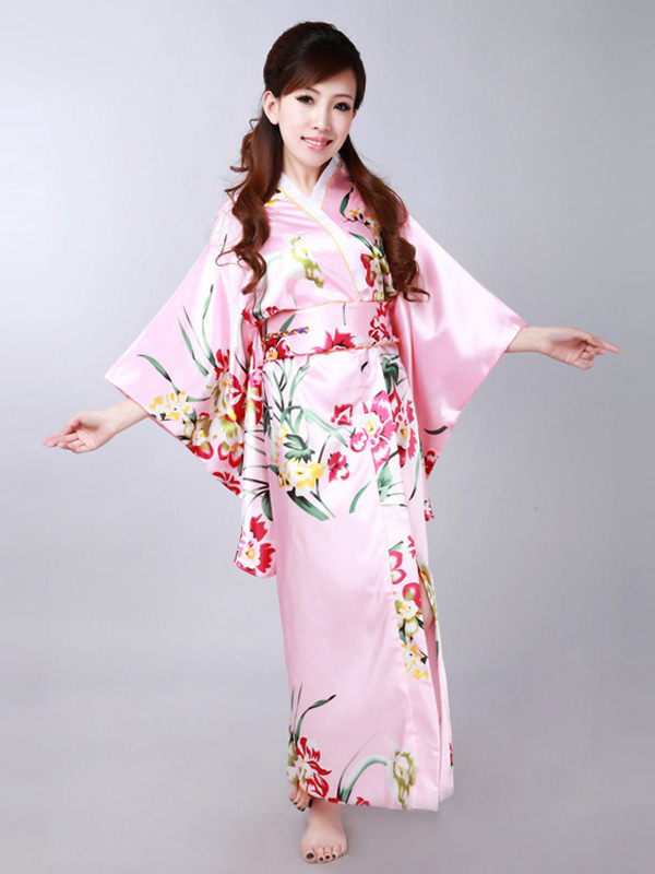 Halloween Pink Japanese Kimono Costume with Orchid Print - Milanoo.com