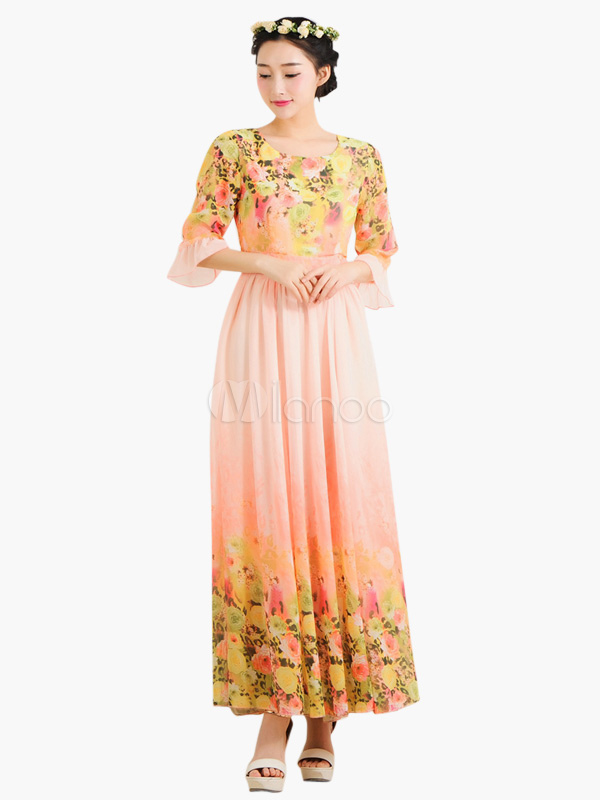 Half Sleeves Flower Blooming Print Chiffon Maxi Dress - Milanoo.com