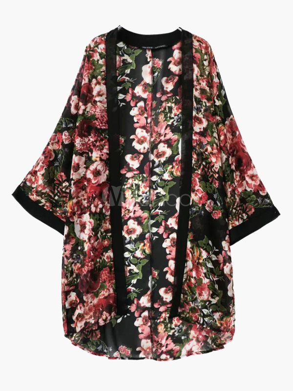 Floral Print Chiffon Kimono - Milanoo.com
